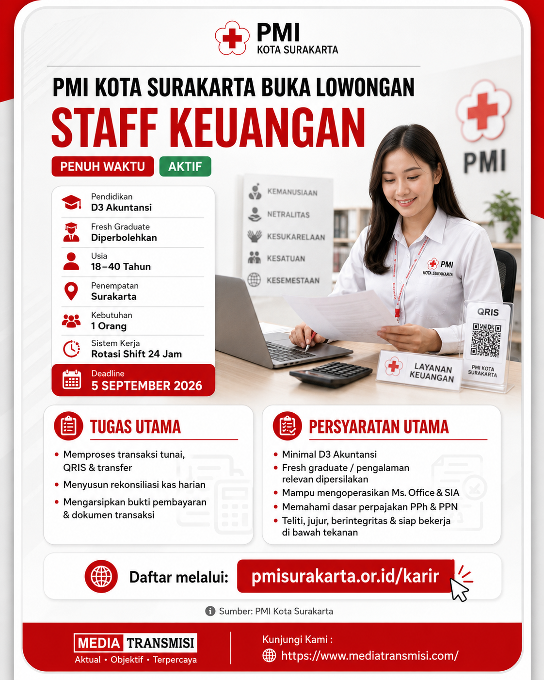 PMI Kota Surakarta Buka Lowongan Staff Keuangan, Fresh Graduate D3 Akuntansi Bisa Daftar