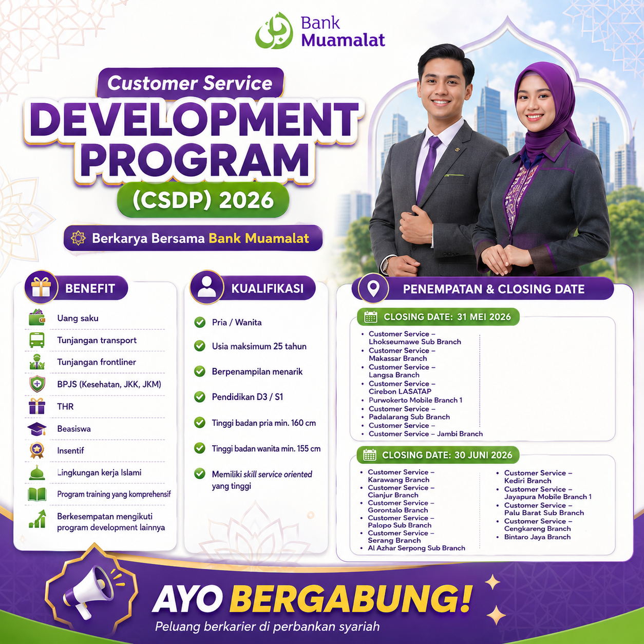 Bank Muamalat Buka Customer Service Development Program 2026 untuk Berbagai Penempatan